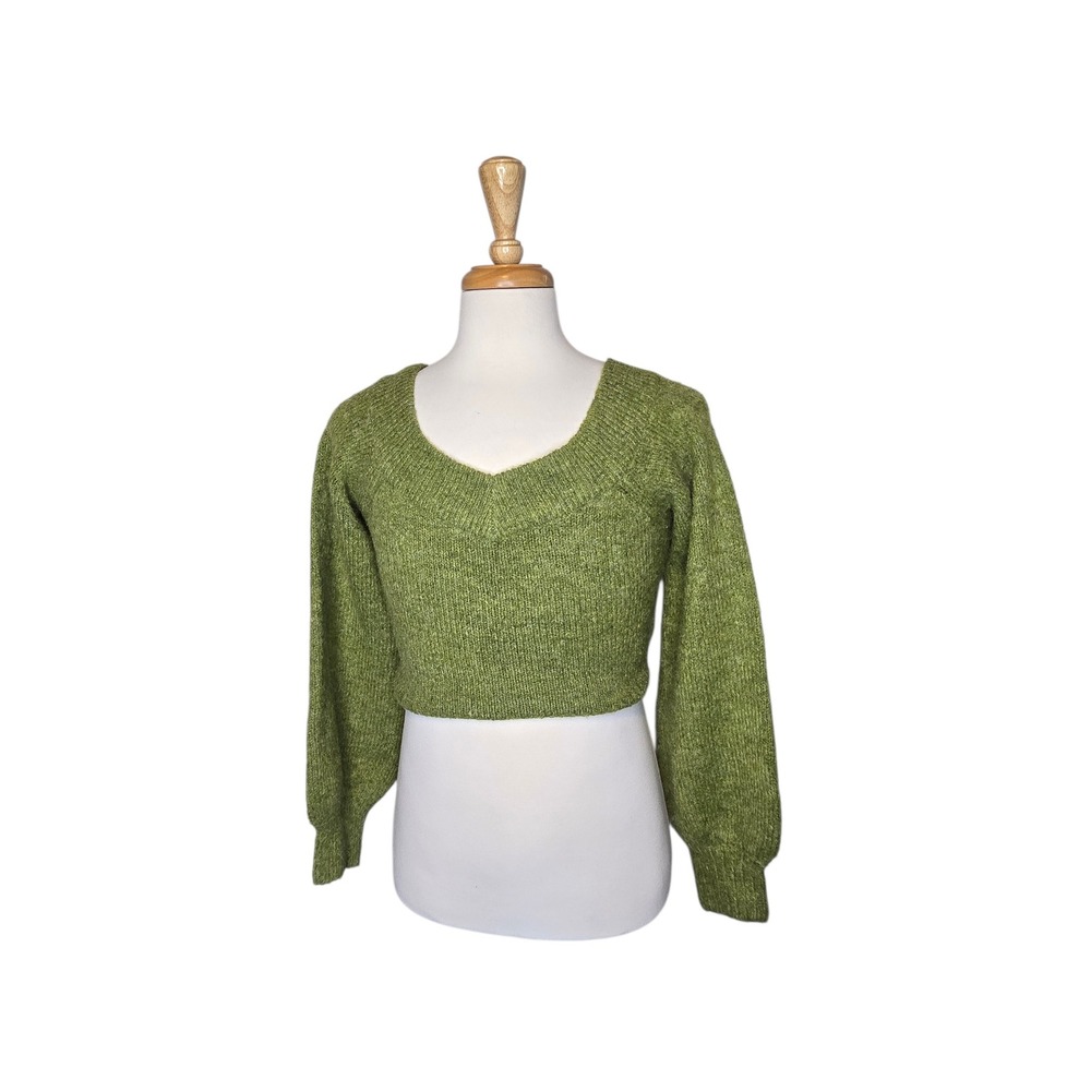 Oak + Fort Cropped Moss Green‎ Fuzzy Knit Sweater Balloon Sleeve XS Cozy Knit